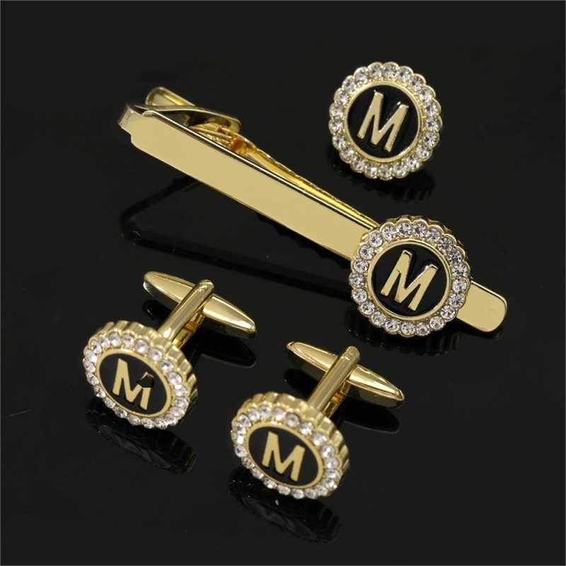 1 Set Of A-B-Z Letters Capital Initial Cufflinks And Tie Clip Jewelry Mens Crystal Round Cuff Links Father's Day Birthday Gift - Image 13