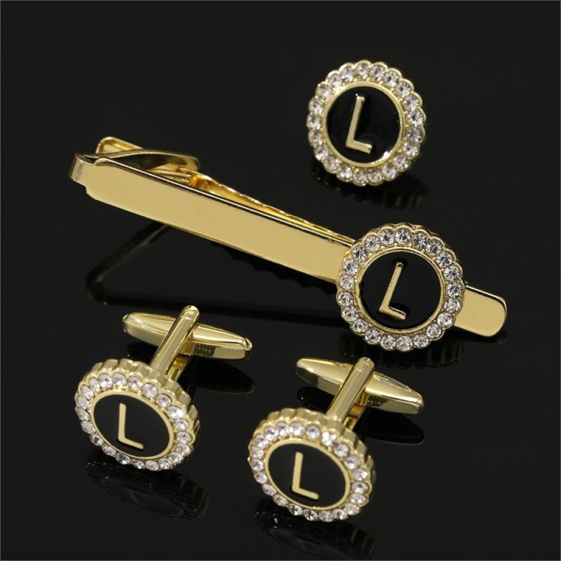 1 Set Of A-B-Z Letters Capital Initial Cufflinks And Tie Clip Jewelry Mens Crystal Round Cuff Links Father's Day Birthday Gift - Image 14