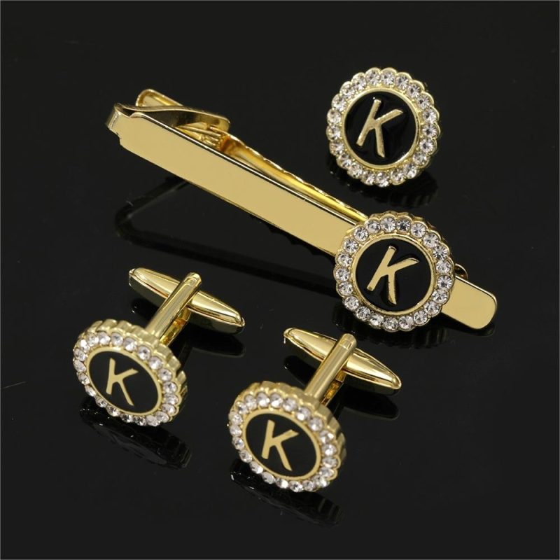 1 Set Of A-B-Z Letters Capital Initial Cufflinks And Tie Clip Jewelry Mens Crystal Round Cuff Links Father's Day Birthday Gift - Image 15