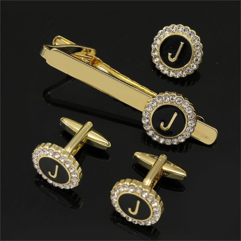 1 Set Of A-B-Z Letters Capital Initial Cufflinks And Tie Clip Jewelry Mens Crystal Round Cuff Links Father's Day Birthday Gift - Image 16