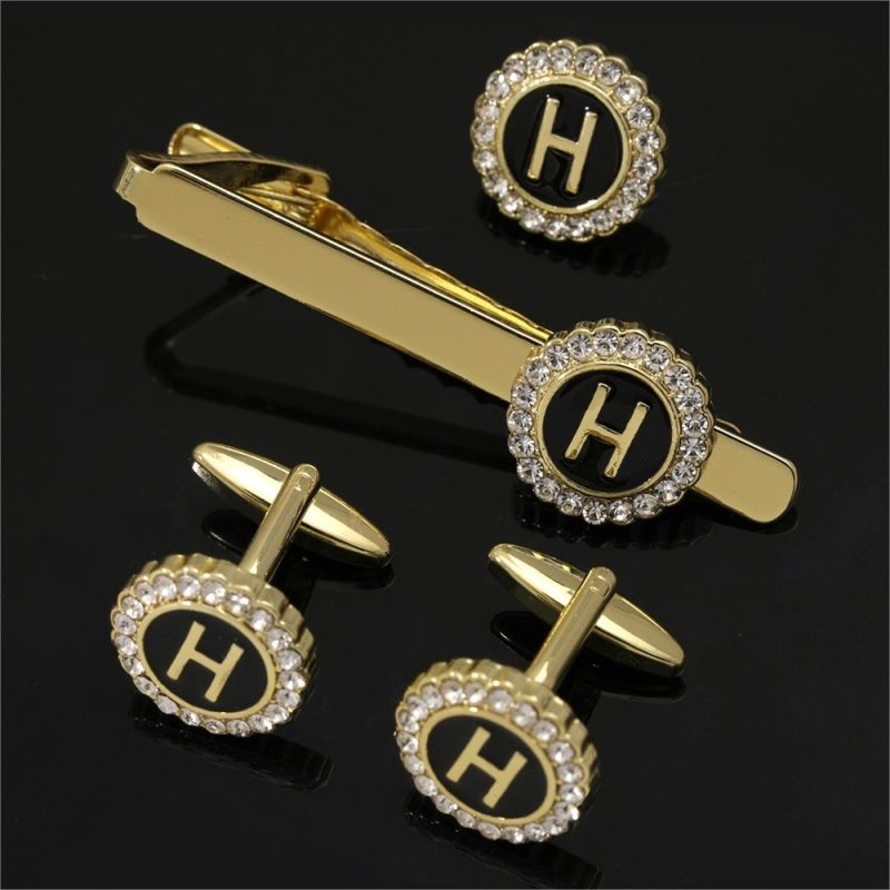 1 Set Of A-B-Z Letters Capital Initial Cufflinks And Tie Clip Jewelry Mens Crystal Round Cuff Links Father's Day Birthday Gift - Image 18