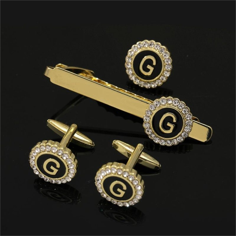 1 Set Of A-B-Z Letters Capital Initial Cufflinks And Tie Clip Jewelry Mens Crystal Round Cuff Links Father's Day Birthday Gift - Image 19