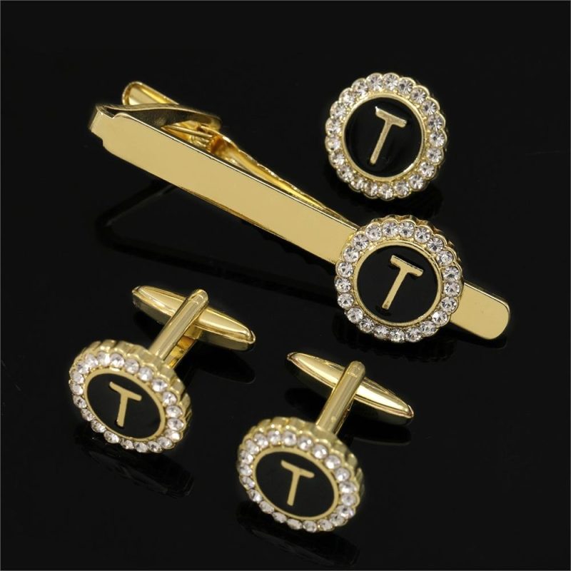 1 Set Of A-B-Z Letters Capital Initial Cufflinks And Tie Clip Jewelry Mens Crystal Round Cuff Links Father's Day Birthday Gift - Image 21