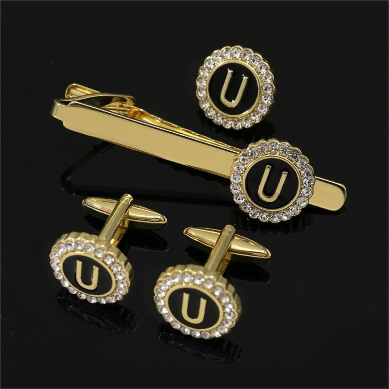 1 Set Of A-B-Z Letters Capital Initial Cufflinks And Tie Clip Jewelry Mens Crystal Round Cuff Links Father's Day Birthday Gift - Image 22
