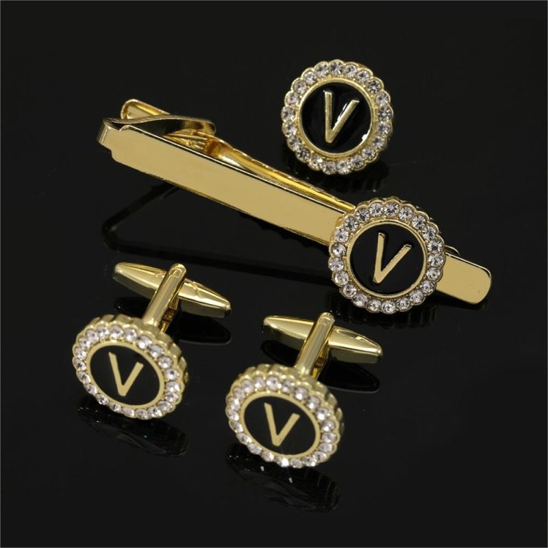 1 Set Of A-B-Z Letters Capital Initial Cufflinks And Tie Clip Jewelry Mens Crystal Round Cuff Links Father's Day Birthday Gift - Image 23