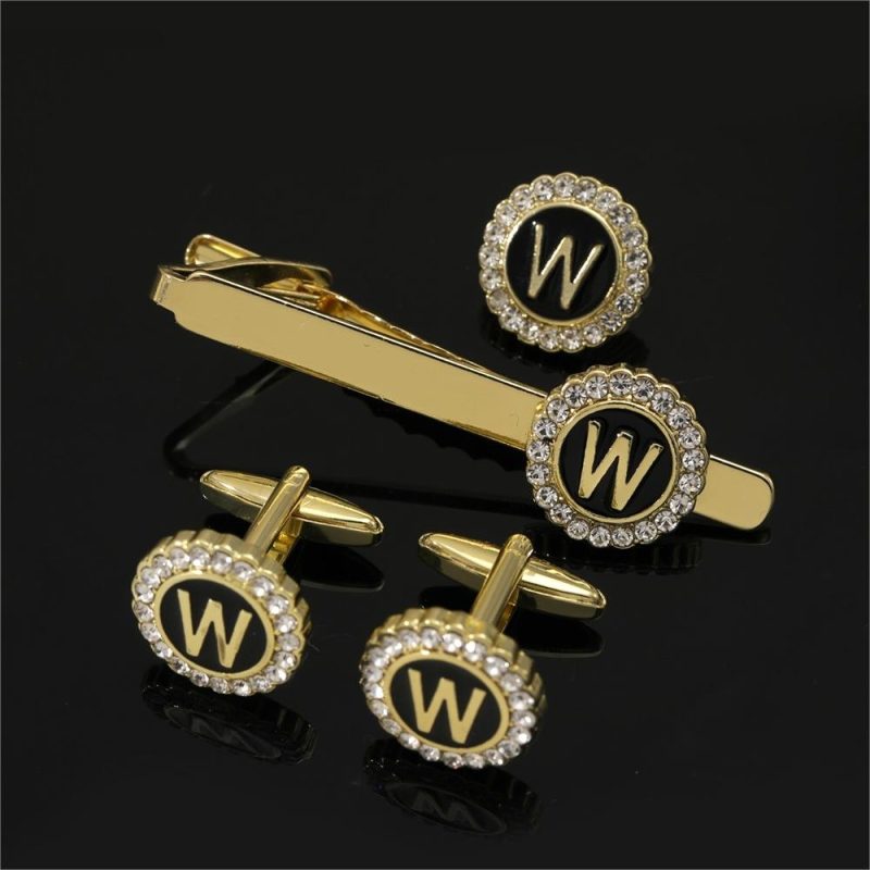 1 Set Of A-B-Z Letters Capital Initial Cufflinks And Tie Clip Jewelry Mens Crystal Round Cuff Links Father's Day Birthday Gift - Image 24