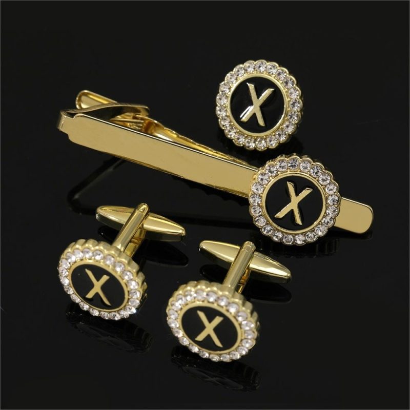 1 Set Of A-B-Z Letters Capital Initial Cufflinks And Tie Clip Jewelry Mens Crystal Round Cuff Links Father's Day Birthday Gift - Image 25