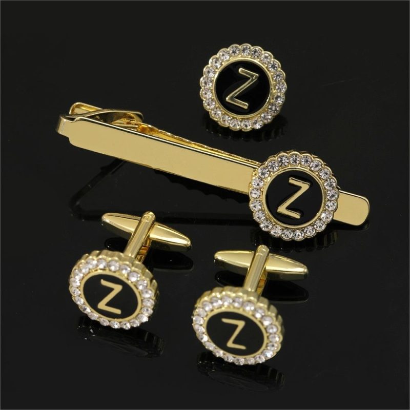 1 Set Of A-B-Z Letters Capital Initial Cufflinks And Tie Clip Jewelry Mens Crystal Round Cuff Links Father's Day Birthday Gift - Image 26
