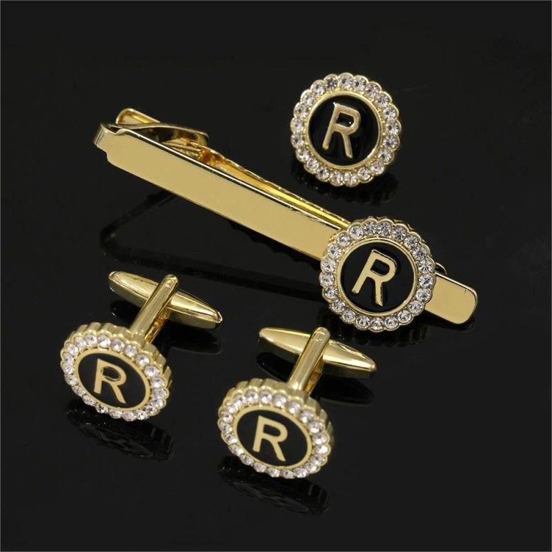 1 Set Of A-B-Z Letters Capital Initial Cufflinks And Tie Clip Jewelry Mens Crystal Round Cuff Links Father's Day Birthday Gift - Image 27