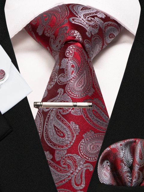 KAMBERFT New Classic Silk Men's Tie Red Gold Striped Men's Tie Handkerchief Cufflinks Set Wedding Business Party Gravatas