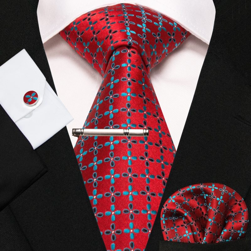 KAMBERFT New Classic Silk Men's Tie Red Gold Striped Men's Tie Handkerchief Cufflinks Set Wedding Business Party Gravatas - Image 4