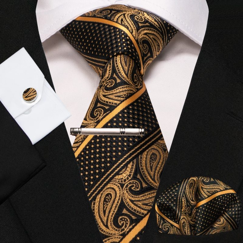 KAMBERFT New Classic Silk Men's Tie Red Gold Striped Men's Tie Handkerchief Cufflinks Set Wedding Business Party Gravatas - Image 5