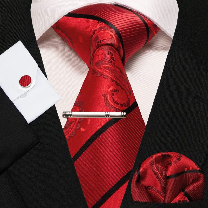 KAMBERFT New Classic Silk Men's Tie Red Gold Striped Men's Tie Handkerchief Cufflinks Set Wedding Business Party Gravatas - Image 8