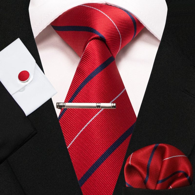 KAMBERFT New Classic Silk Men's Tie Red Gold Striped Men's Tie Handkerchief Cufflinks Set Wedding Business Party Gravatas - Image 10