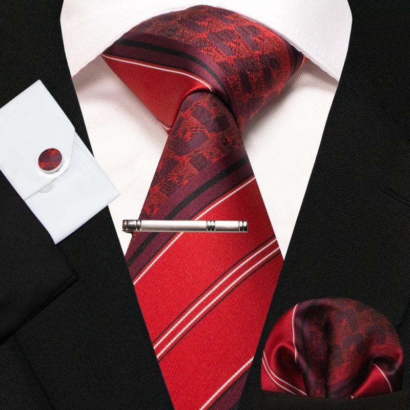 KAMBERFT New Classic Silk Men's Tie Red Gold Striped Men's Tie Handkerchief Cufflinks Set Wedding Business Party Gravatas - Image 11