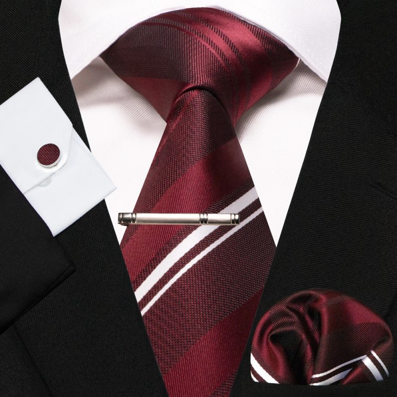 KAMBERFT New Classic Silk Men's Tie Red Gold Striped Men's Tie Handkerchief Cufflinks Set Wedding Business Party Gravatas - Image 12