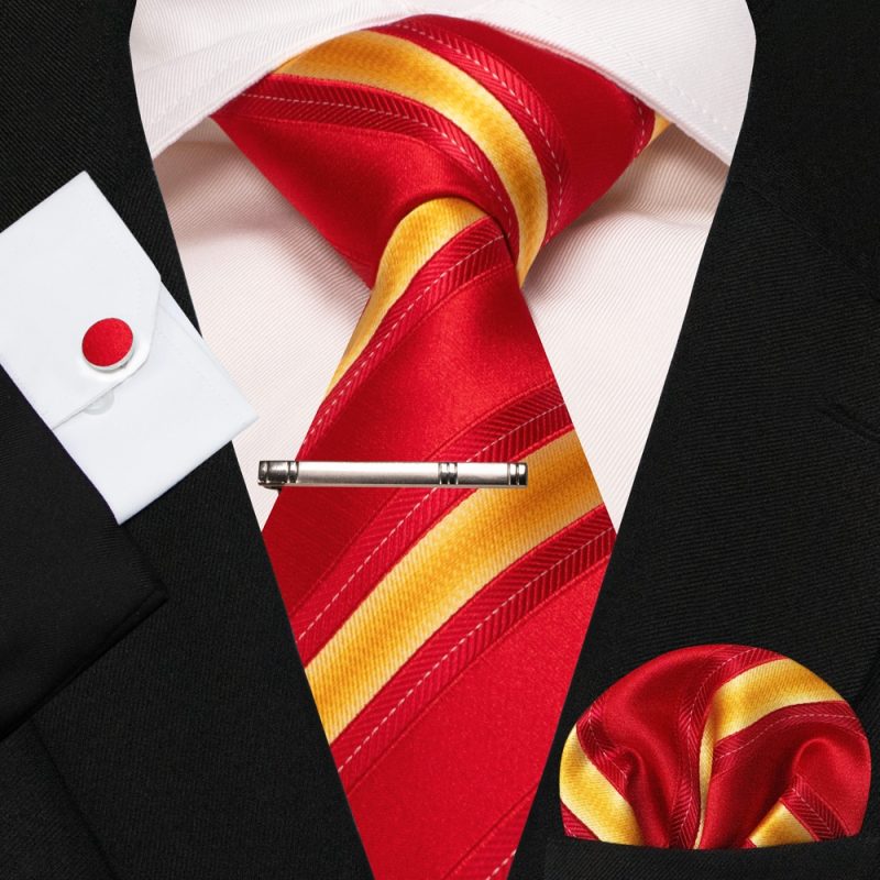 KAMBERFT New Classic Silk Men's Tie Red Gold Striped Men's Tie Handkerchief Cufflinks Set Wedding Business Party Gravatas - Image 13