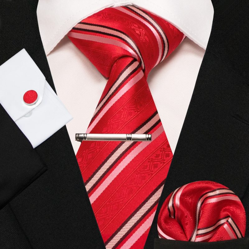 KAMBERFT New Classic Silk Men's Tie Red Gold Striped Men's Tie Handkerchief Cufflinks Set Wedding Business Party Gravatas - Image 16
