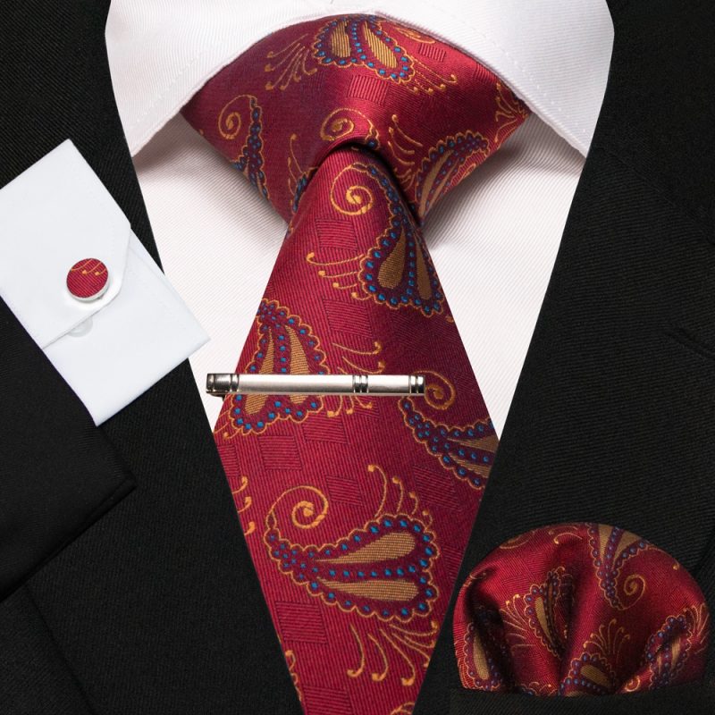 KAMBERFT New Classic Silk Men's Tie Red Gold Striped Men's Tie Handkerchief Cufflinks Set Wedding Business Party Gravatas - Image 20