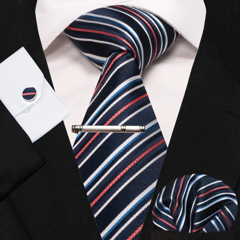 KAMBERFT New Classic Silk Men's Tie Red Gold Striped Men's Tie Handkerchief Cufflinks Set Wedding Business Party Gravatas - Image 21