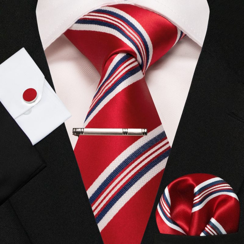 KAMBERFT New Classic Silk Men's Tie Red Gold Striped Men's Tie Handkerchief Cufflinks Set Wedding Business Party Gravatas - Image 22