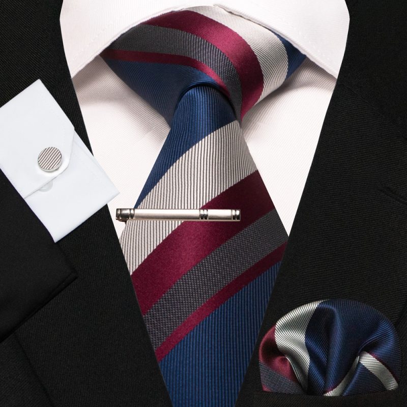 KAMBERFT New Classic Silk Men's Tie Red Gold Striped Men's Tie Handkerchief Cufflinks Set Wedding Business Party Gravatas - Image 26