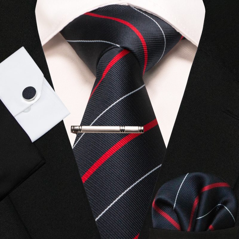 KAMBERFT New Classic Silk Men's Tie Red Gold Striped Men's Tie Handkerchief Cufflinks Set Wedding Business Party Gravatas - Image 31
