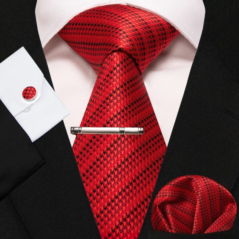 KAMBERFT New Classic Silk Men's Tie Red Gold Striped Men's Tie Handkerchief Cufflinks Set Wedding Business Party Gravatas - Image 36