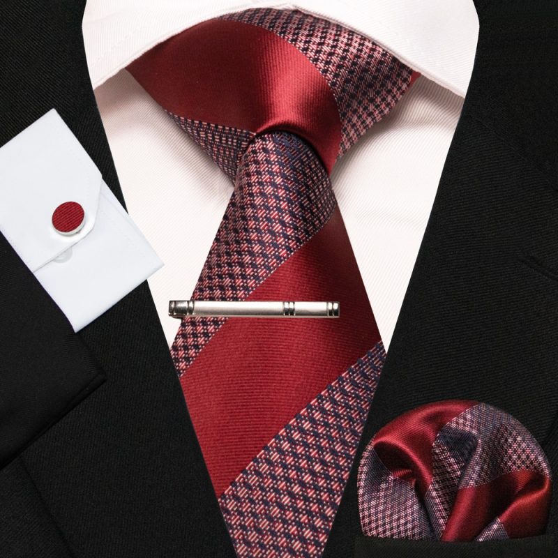 KAMBERFT New Classic Silk Men's Tie Red Gold Striped Men's Tie Handkerchief Cufflinks Set Wedding Business Party Gravatas - Image 39