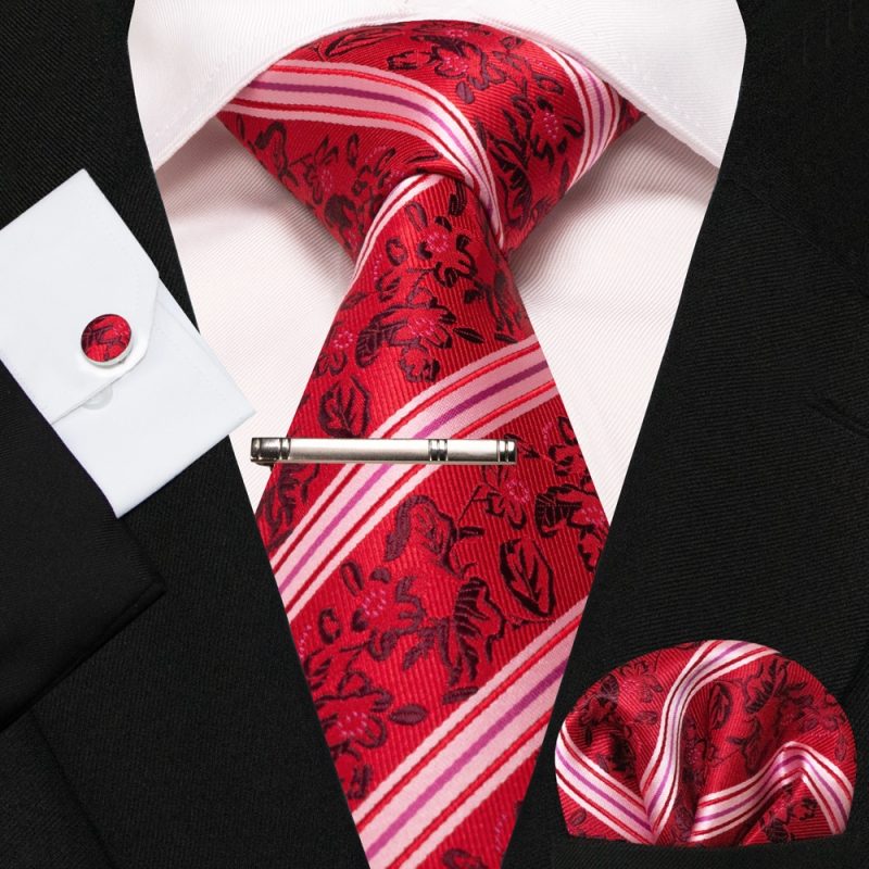 KAMBERFT New Classic Silk Men's Tie Red Gold Striped Men's Tie Handkerchief Cufflinks Set Wedding Business Party Gravatas - Image 40
