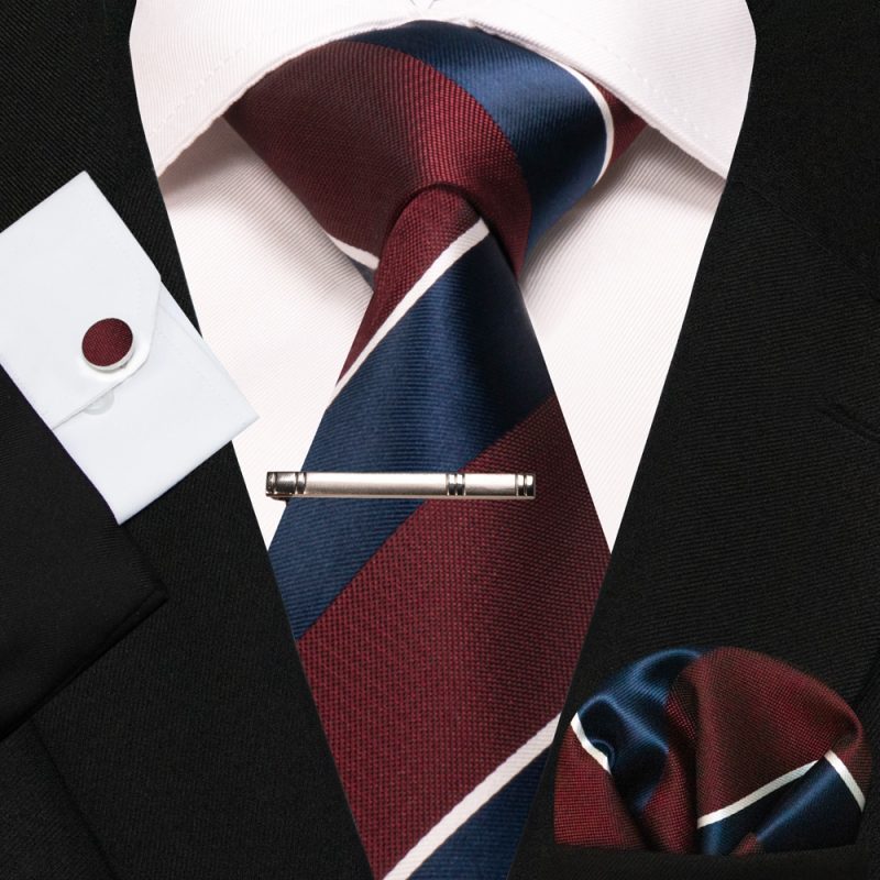 KAMBERFT New Classic Silk Men's Tie Red Gold Striped Men's Tie Handkerchief Cufflinks Set Wedding Business Party Gravatas - Image 41