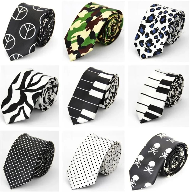 Narrow Tie for Men Women 5cm (2") Skinny Wedding Black Blue Red Pink White Purple Green Gray Piano Skull Print Slim Necktie - Image 3