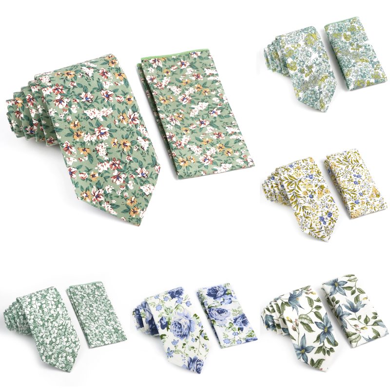 Novelty Floral Cotton Mens Casual Tie Set Fit Wedding Party Yellow Green Blue Necktie Pocket Square Chic Suit Gravata Accessory