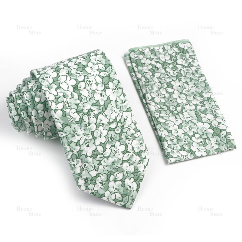 Novelty Floral Cotton Mens Casual Tie Set Fit Wedding Party Yellow Green Blue Necktie Pocket Square Chic Suit Gravata Accessory - Image 7