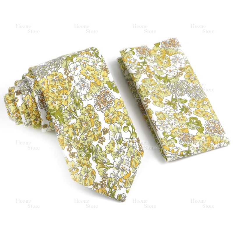 Novelty Floral Cotton Mens Casual Tie Set Fit Wedding Party Yellow Green Blue Necktie Pocket Square Chic Suit Gravata Accessory - Image 8