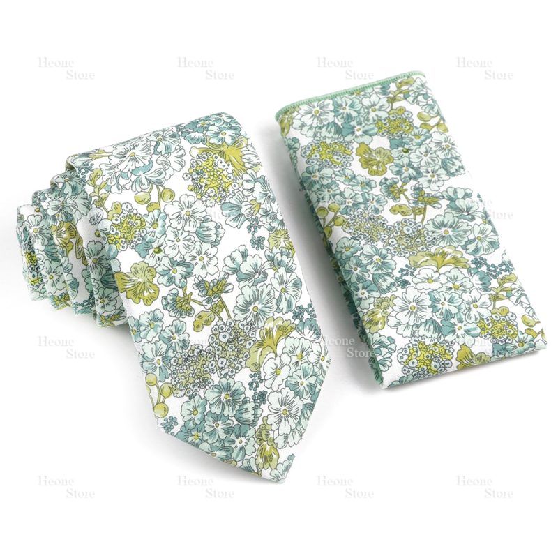 Novelty Floral Cotton Mens Casual Tie Set Fit Wedding Party Yellow Green Blue Necktie Pocket Square Chic Suit Gravata Accessory - Image 9