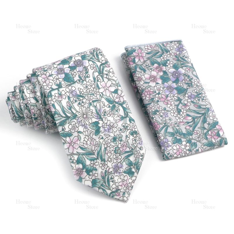 Novelty Floral Cotton Mens Casual Tie Set Fit Wedding Party Yellow Green Blue Necktie Pocket Square Chic Suit Gravata Accessory - Image 11