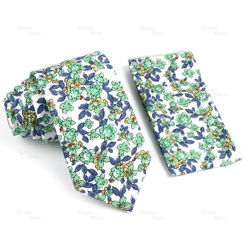 Novelty Floral Cotton Mens Casual Tie Set Fit Wedding Party Yellow Green Blue Necktie Pocket Square Chic Suit Gravata Accessory - Image 13