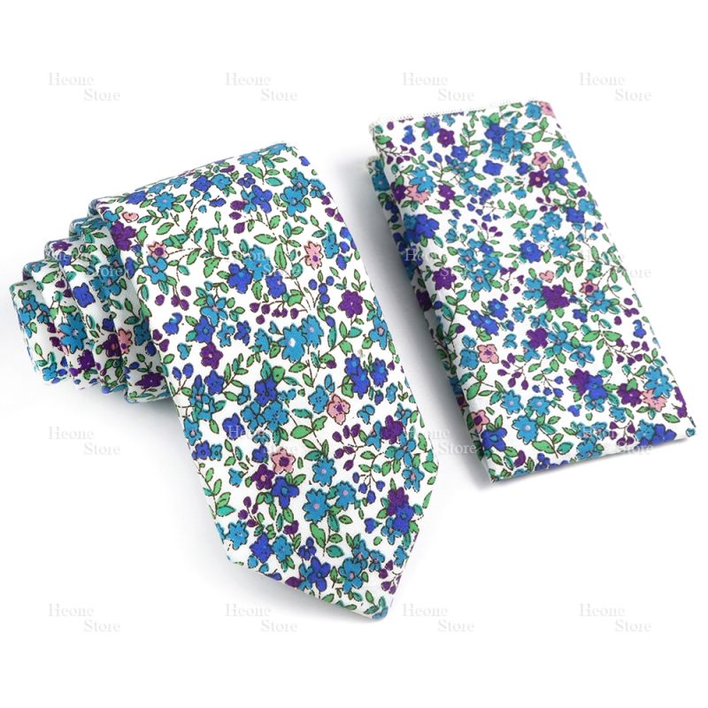 Novelty Floral Cotton Mens Casual Tie Set Fit Wedding Party Yellow Green Blue Necktie Pocket Square Chic Suit Gravata Accessory - Image 14