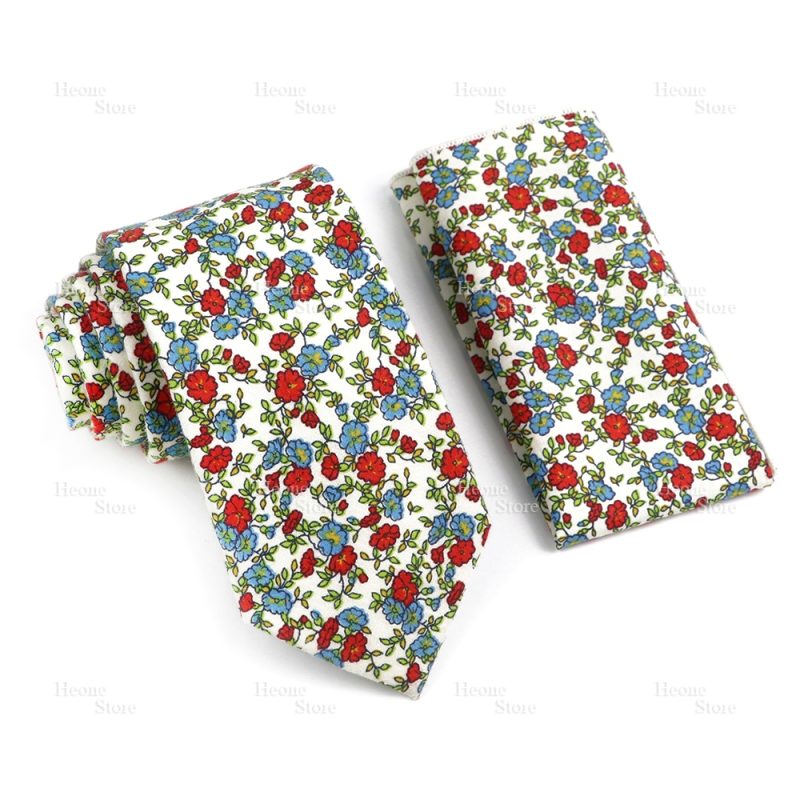 Novelty Floral Cotton Mens Casual Tie Set Fit Wedding Party Yellow Green Blue Necktie Pocket Square Chic Suit Gravata Accessory - Image 15