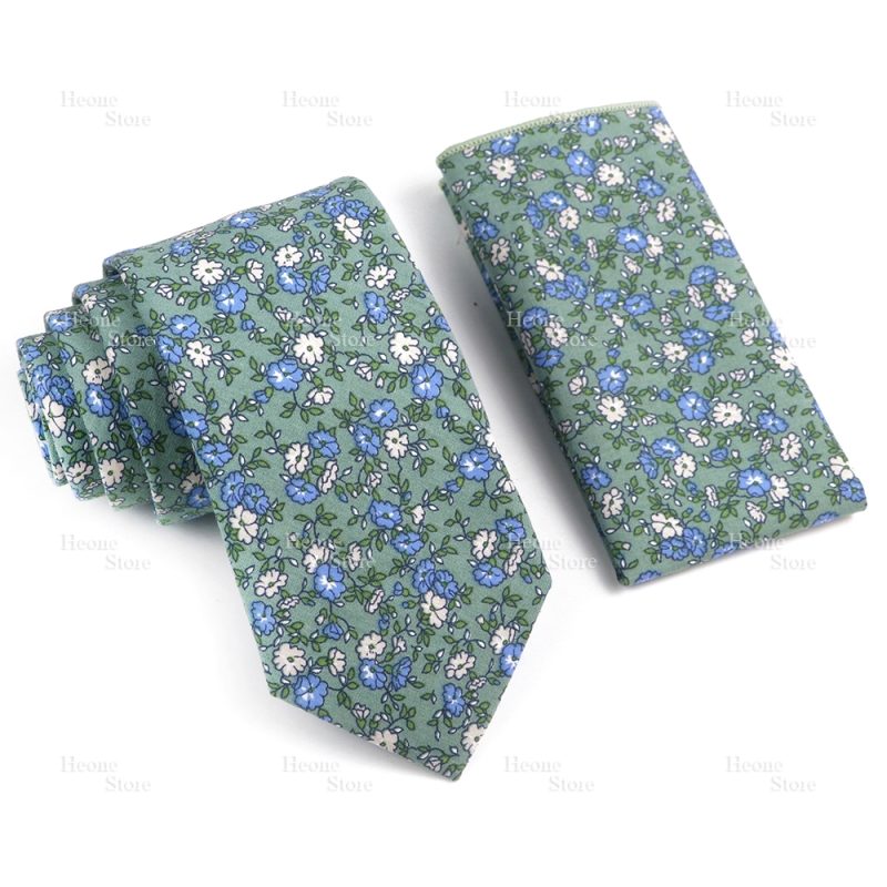 Novelty Floral Cotton Mens Casual Tie Set Fit Wedding Party Yellow Green Blue Necktie Pocket Square Chic Suit Gravata Accessory - Image 16