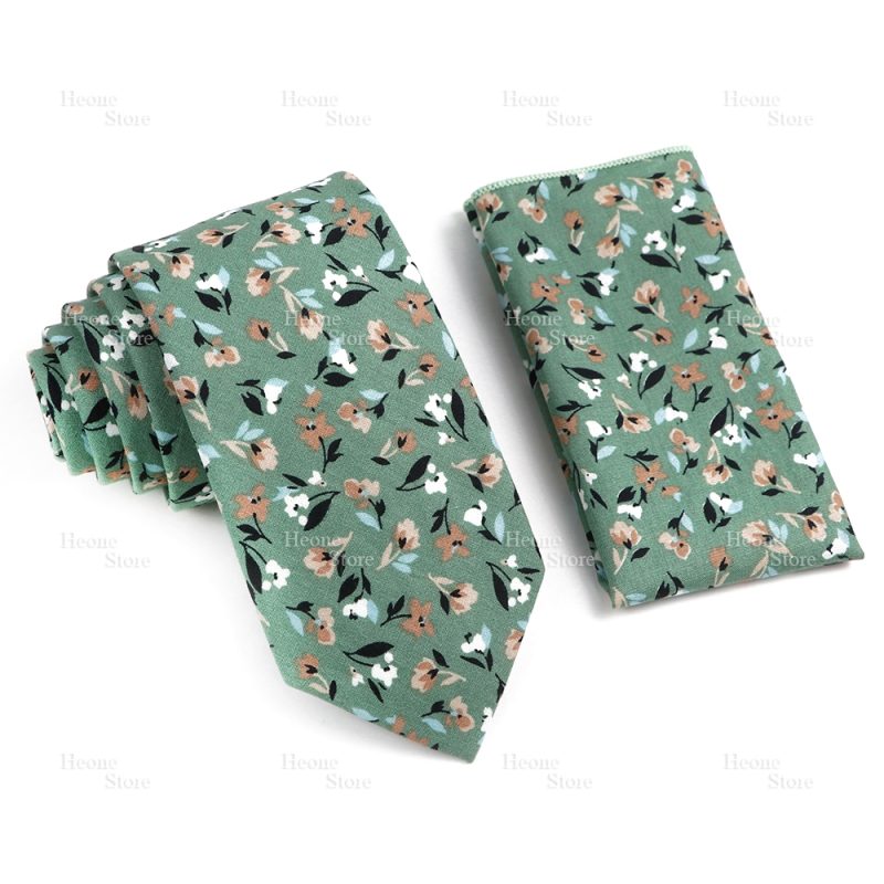 Novelty Floral Cotton Mens Casual Tie Set Fit Wedding Party Yellow Green Blue Necktie Pocket Square Chic Suit Gravata Accessory - Image 17