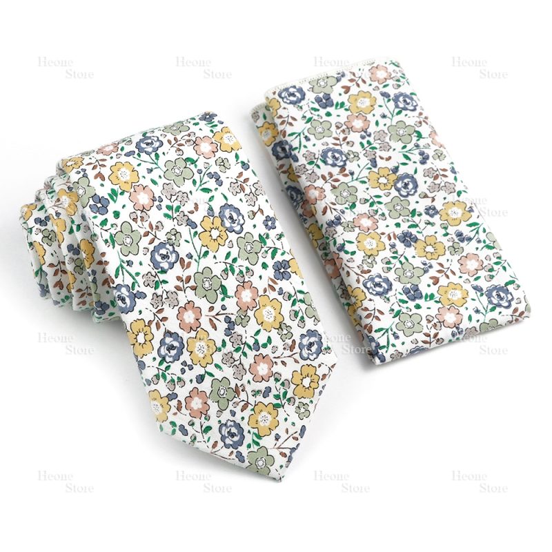 Novelty Floral Cotton Mens Casual Tie Set Fit Wedding Party Yellow Green Blue Necktie Pocket Square Chic Suit Gravata Accessory - Image 18