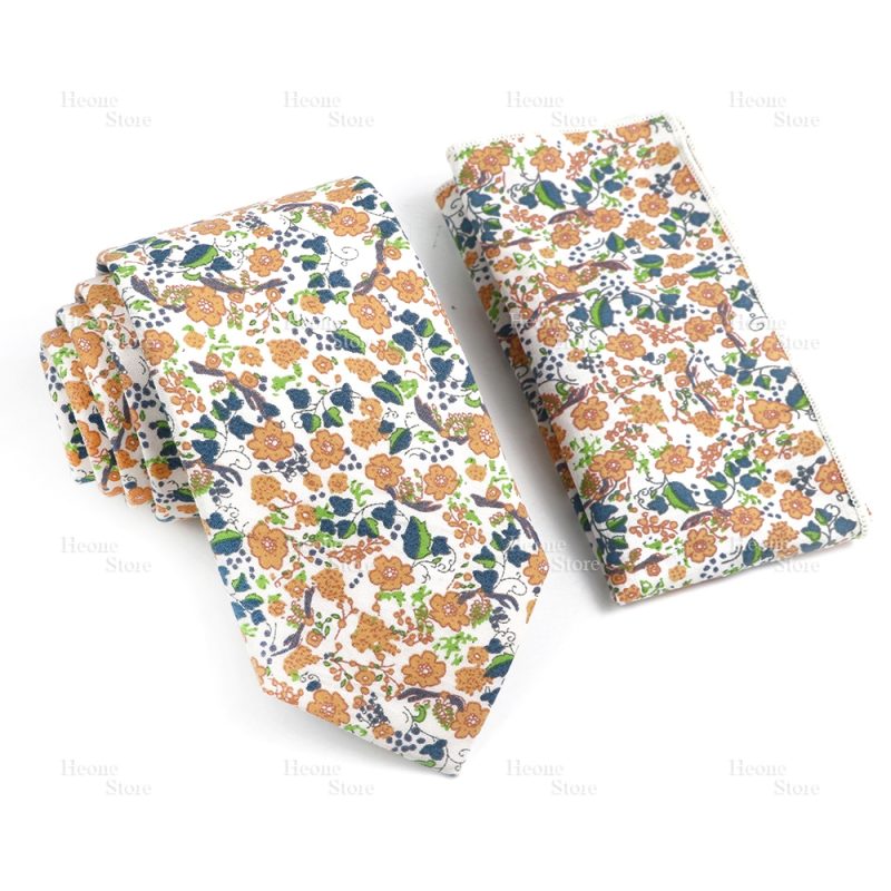 Novelty Floral Cotton Mens Casual Tie Set Fit Wedding Party Yellow Green Blue Necktie Pocket Square Chic Suit Gravata Accessory - Image 19