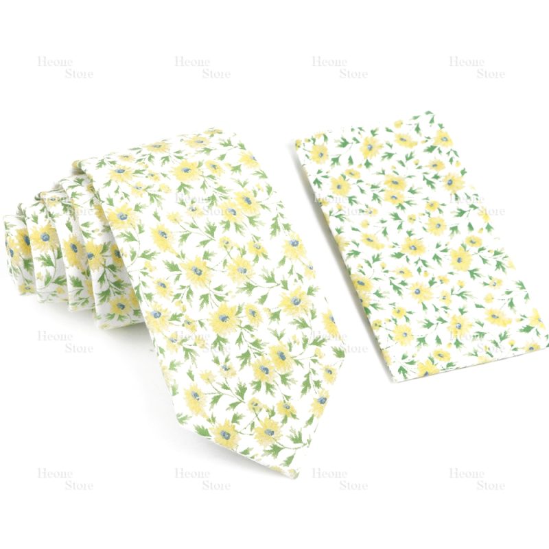 Novelty Floral Cotton Mens Casual Tie Set Fit Wedding Party Yellow Green Blue Necktie Pocket Square Chic Suit Gravata Accessory - Image 20
