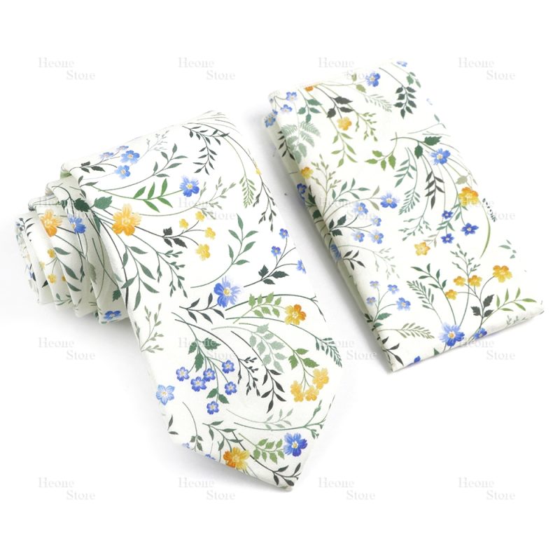 Novelty Floral Cotton Mens Casual Tie Set Fit Wedding Party Yellow Green Blue Necktie Pocket Square Chic Suit Gravata Accessory - Image 21