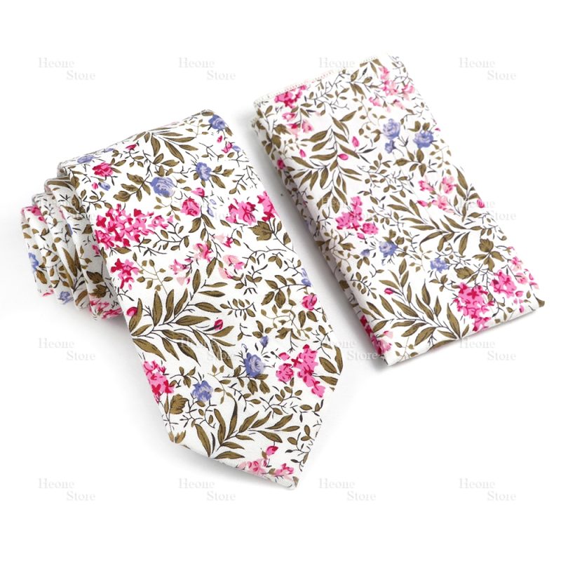 Novelty Floral Cotton Mens Casual Tie Set Fit Wedding Party Yellow Green Blue Necktie Pocket Square Chic Suit Gravata Accessory - Image 23