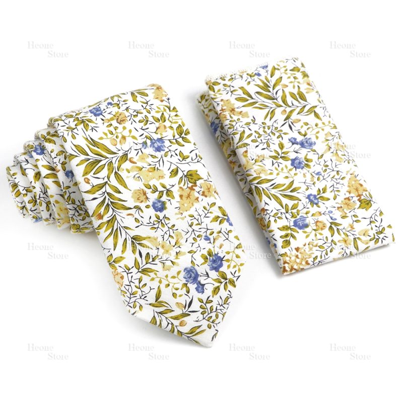 Novelty Floral Cotton Mens Casual Tie Set Fit Wedding Party Yellow Green Blue Necktie Pocket Square Chic Suit Gravata Accessory - Image 24