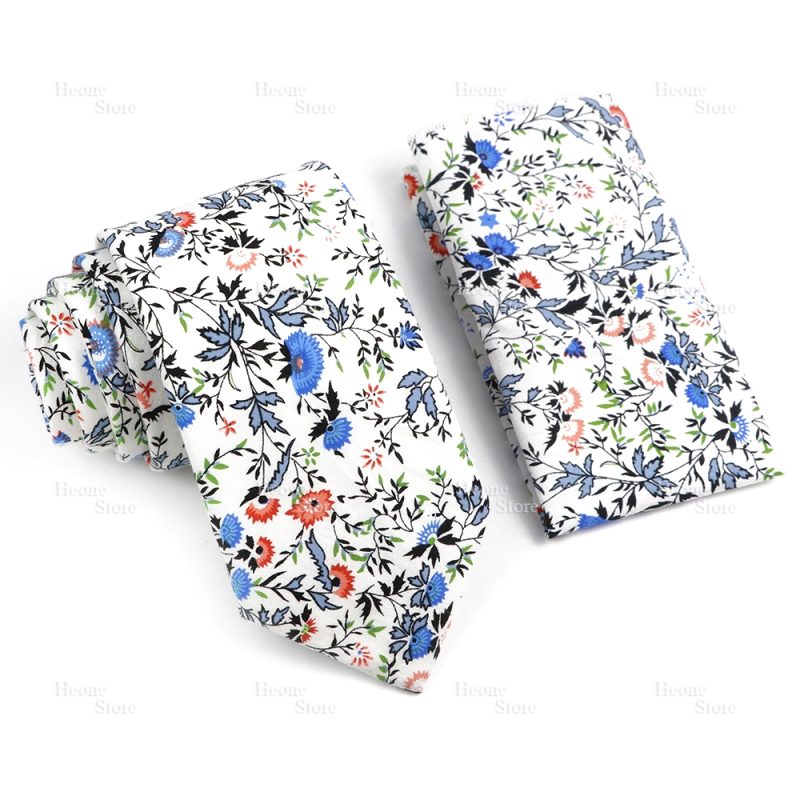 Novelty Floral Cotton Mens Casual Tie Set Fit Wedding Party Yellow Green Blue Necktie Pocket Square Chic Suit Gravata Accessory - Image 25