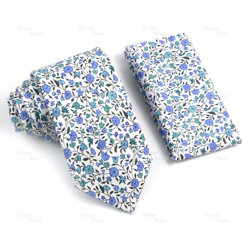 Novelty Floral Cotton Mens Casual Tie Set Fit Wedding Party Yellow Green Blue Necktie Pocket Square Chic Suit Gravata Accessory - Image 26